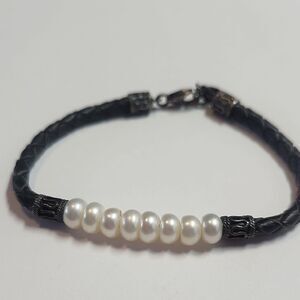 IWI Jewelers Cultured Pearl / Sterling Silver Braided Leather Band Bracelet 6.5"